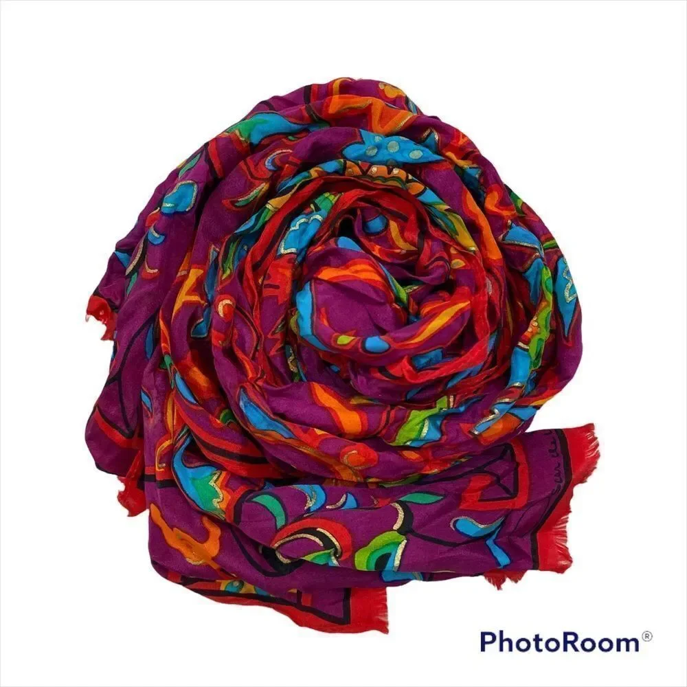 Brand New With Tags Vintage Oscar‎ de la Renta Vibrant Silk Scarf   11”x53”